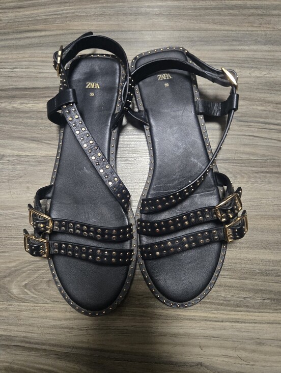Zara Shoes - Zara Black Leather Studded Double-Buckle Sandals Size 39 8.5